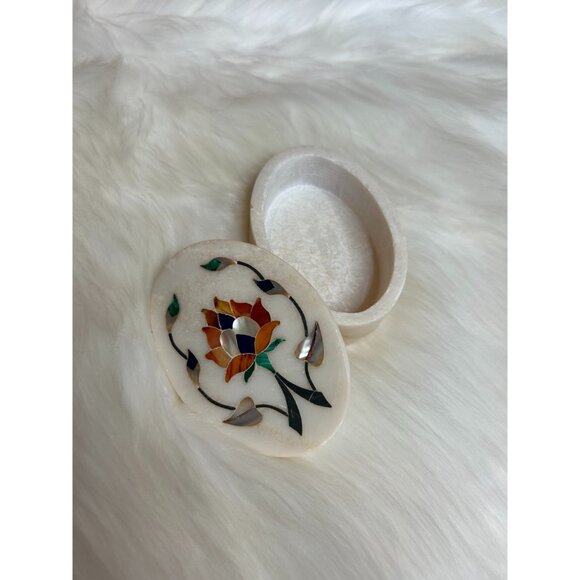 Stone marble with stone gemstone inlay floral design trinket dish jewellery box - Picture 6 of 7